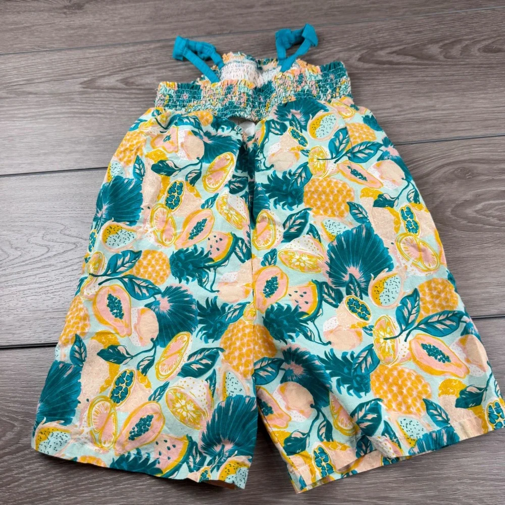 Tommy Bahama Girls Jumpsuit Tropical Fruit Print Smocked Cotton Teal 4T